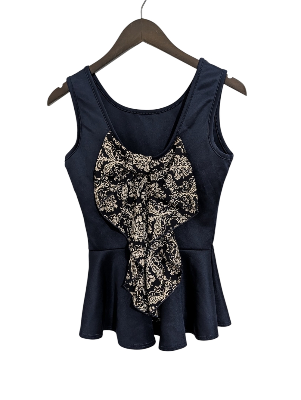 NWT Alt. B Peplum Blouse Navy Blue Bow Accent Women's S